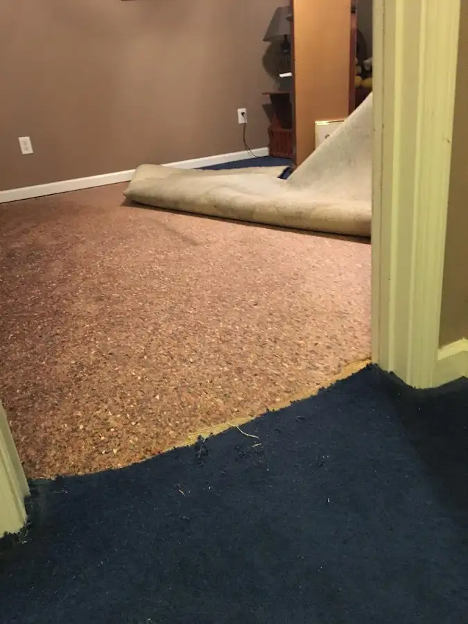Carpet pad removal revealing water damage during Water Mitigation Services in Highland Village
